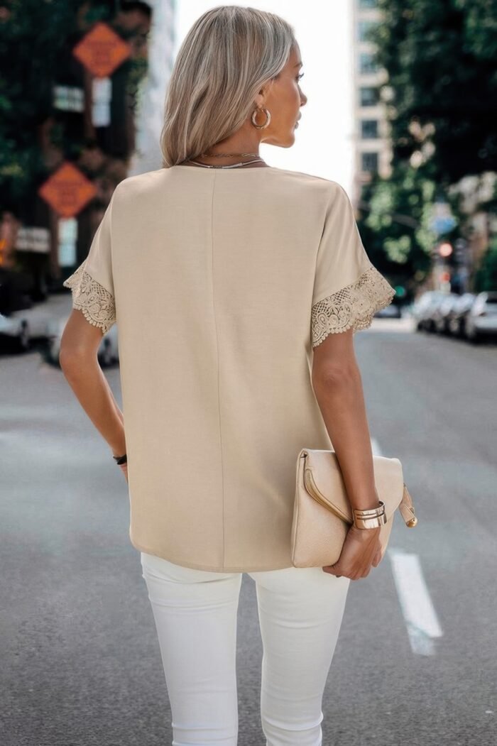 Solid Lace Trim Sleeve V Neck Fit Blouse - Image 4