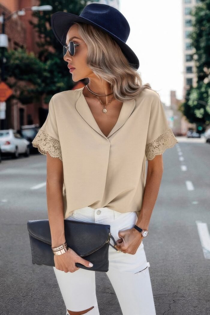 Solid Lace Trim Sleeve V Neck Fit Blouse - Image 5