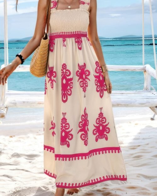 sleeveless square neck a line smocked shirred dress