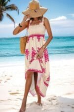 Sleeveless Square Neck A Line Smocked Shirred Dress