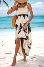 Sleeveless Square Neck A Line Smocked Shirred Dress