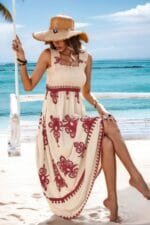 Sleeveless Square Neck A Line Smocked Shirred Dress