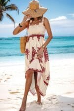 Sleeveless Square Neck A Line Smocked Shirred Dress