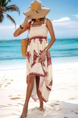 Sleeveless Square Neck A Line Smocked Shirred Dress