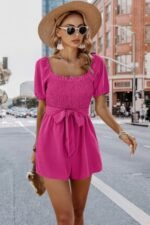 Solid Smocked Square Neck Waist Tie Romper
