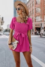 Solid Smocked Square Neck Waist Tie Romper - Image 3