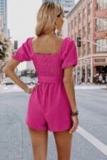 Solid Smocked Square Neck Waist Tie Romper - Image 6