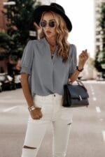 Solid V Neck Shirred Cuff Sleeve Loose Blouse