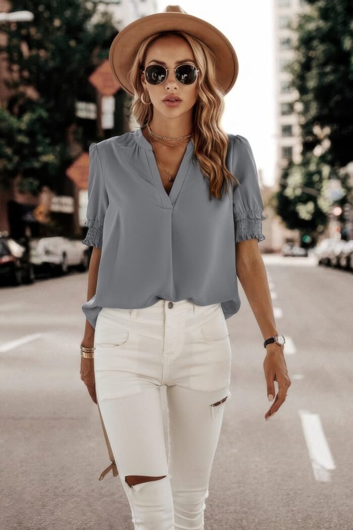 Solid V Neck Shirred Cuff Sleeve Loose Blouse - Image 2