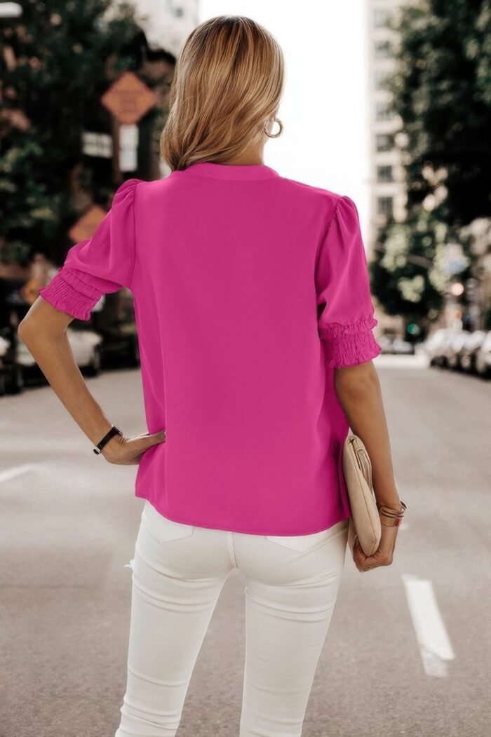 Solid V Neck Shirred Cuff Sleeve Loose Blouse - Image 5