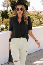 Solid V Neck Shirred Cuff Sleeve Loose Blouse