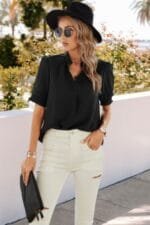 Solid V Neck Shirred Cuff Sleeve Loose Blouse