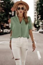 Solid V Neck Shirred Cuff Sleeve Loose Blouse