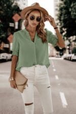 Solid V Neck Shirred Cuff Sleeve Loose Blouse