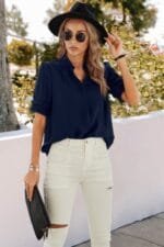 Solid V Neck Shirred Cuff Sleeve Loose Blouse
