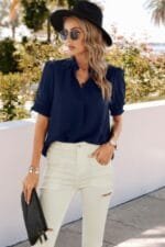 Solid V Neck Shirred Cuff Sleeve Loose Blouse