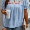 Plus Boho Flower Decoration Loose V Neck Shirt
