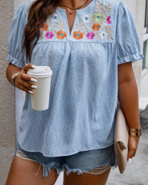 Plus Boho Flower Decoration Loose V Neck Shirt