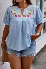 Plus Boho Flower Decoration Loose V Neck Shirt - Image 2