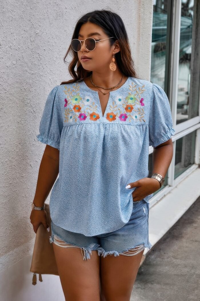 Plus boho flower decoration loose v neck shirt - image 3
