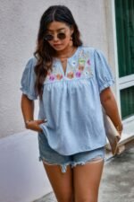 Plus Boho Flower Decoration Loose V Neck Shirt - Image 5