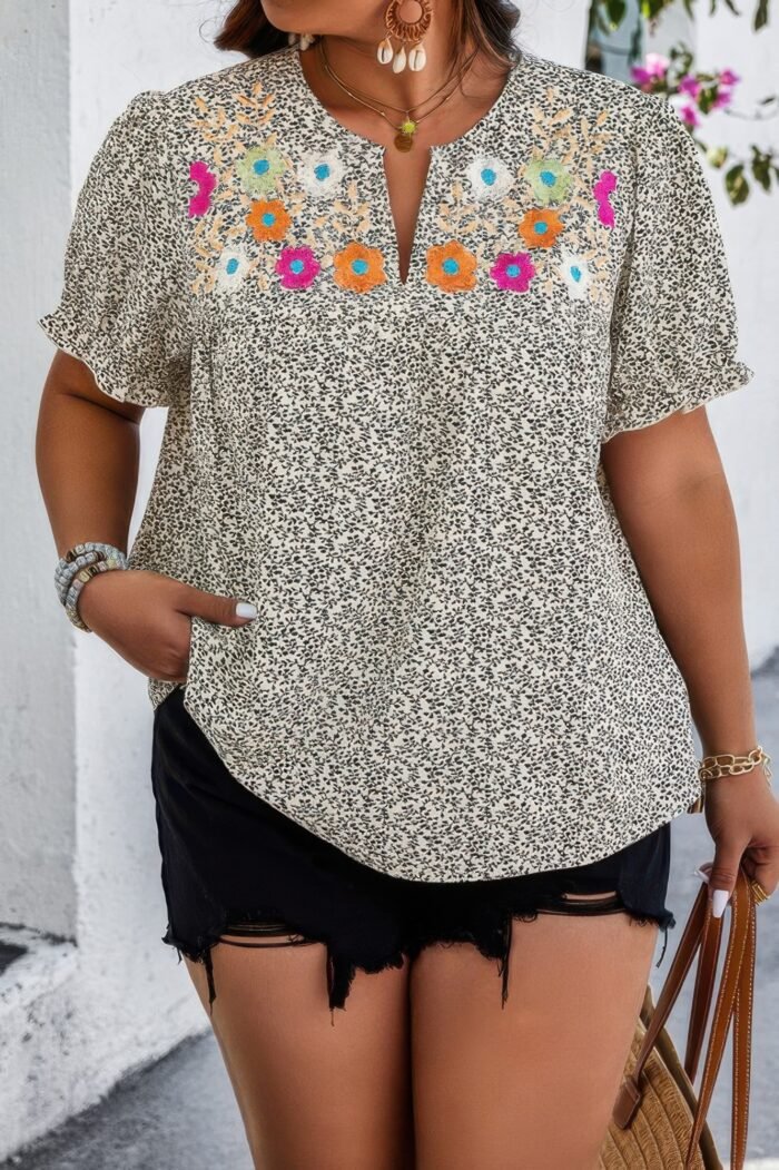 Plus boho flower decoration loose v neck shirt - image 6