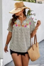 Plus Boho Flower Decoration Loose V Neck Shirt - Image 8