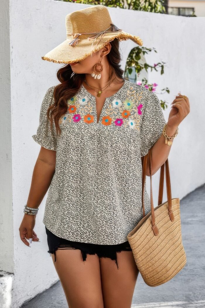 Plus boho flower decoration loose v neck shirt - image 8