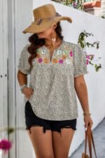 Plus Boho Flower Decoration Loose V Neck Shirt - Image 9