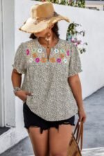 Plus Boho Flower Decoration Loose V Neck Shirt - Image 10