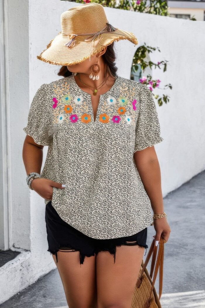Plus boho flower decoration loose v neck shirt - image 10