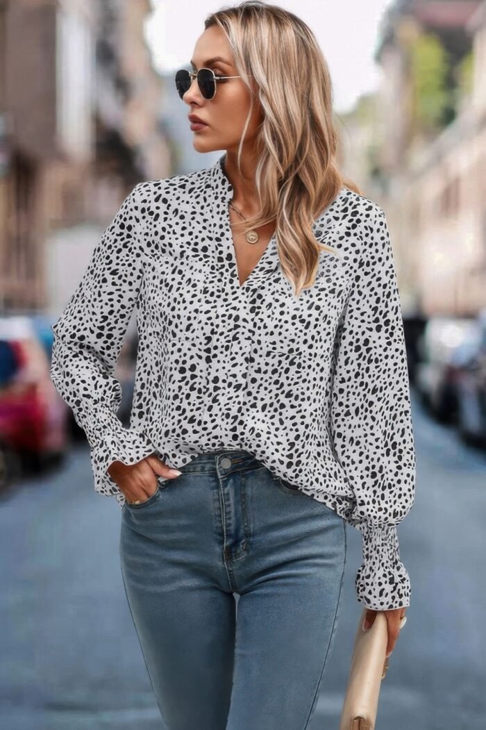 Allover print v neck long sleeve loose blouse - image 4