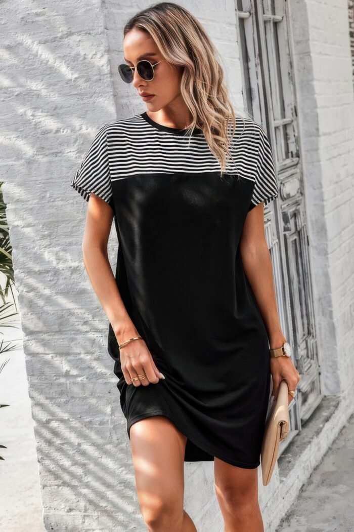 Round neck stripes loose fit shirt a line dress - image 4