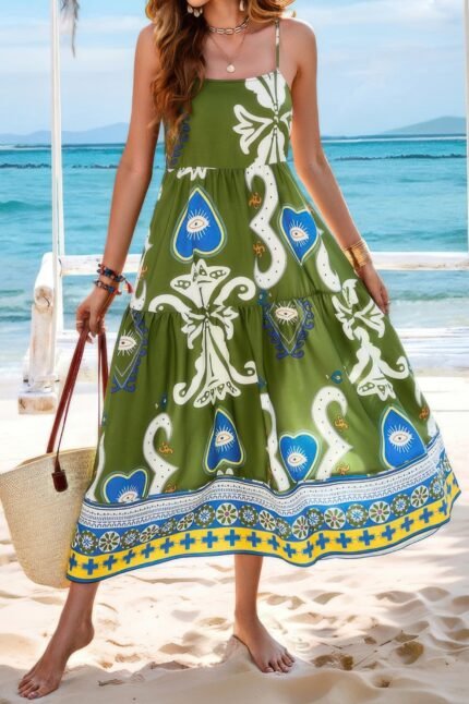 Sleeveless Eyeball Print Spaghetti Strap Dress