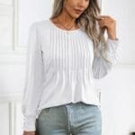 Crew Neck Pleated Long Puff Lantern Sleeve Knit Shirt