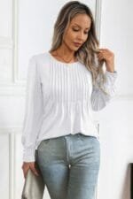 Crew Neck Pleated Long Puff Lantern Sleeve Knit Shirt