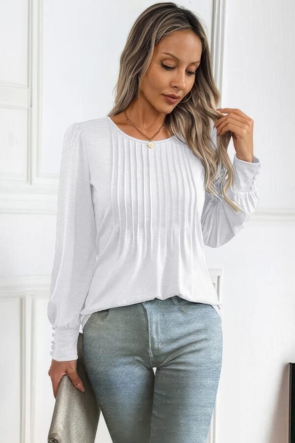 Crew Neck Pleated Long Puff Lantern Sleeve Knit Shirt