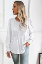 Crew Neck Pleated Long Puff Lantern Sleeve Knit Shirt