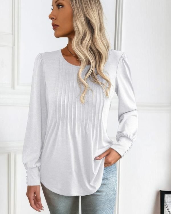 Crew Neck Pleated Long Puff Lantern Sleeve Knit Shirt