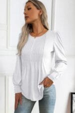 Crew Neck Pleated Long Puff Lantern Sleeve Knit Shirt