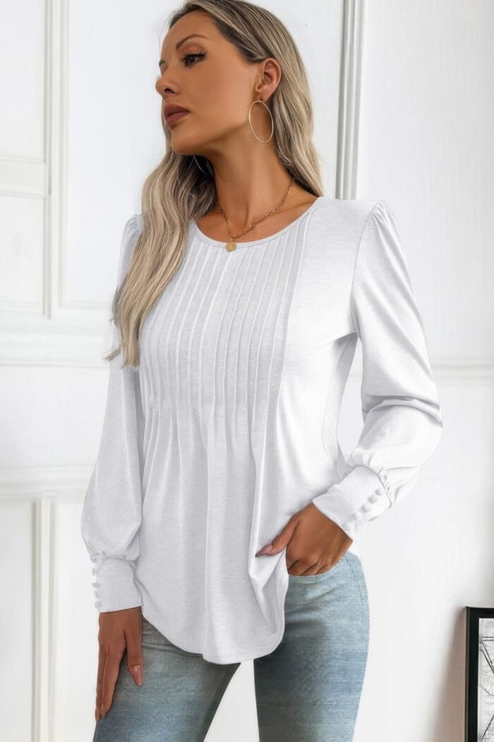 Crew neck pleated long puff lantern sleeve knit shirt - image 3