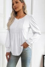 Crew Neck Pleated Long Puff Lantern Sleeve Knit Shirt