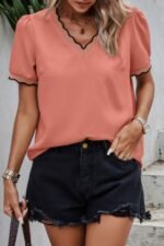 V Neck Contrast Trim Elegant Short Sleeve Shirt