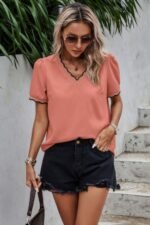 V Neck Contrast Trim Elegant Short Sleeve Shirt - Image 3