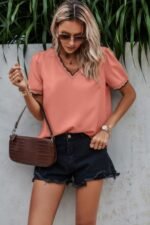 V Neck Contrast Trim Elegant Short Sleeve Shirt - Image 4