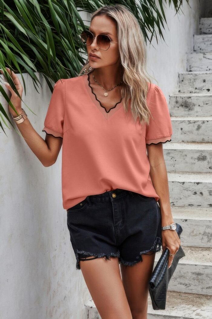 V neck contrast trim elegant short sleeve shirt - image 5