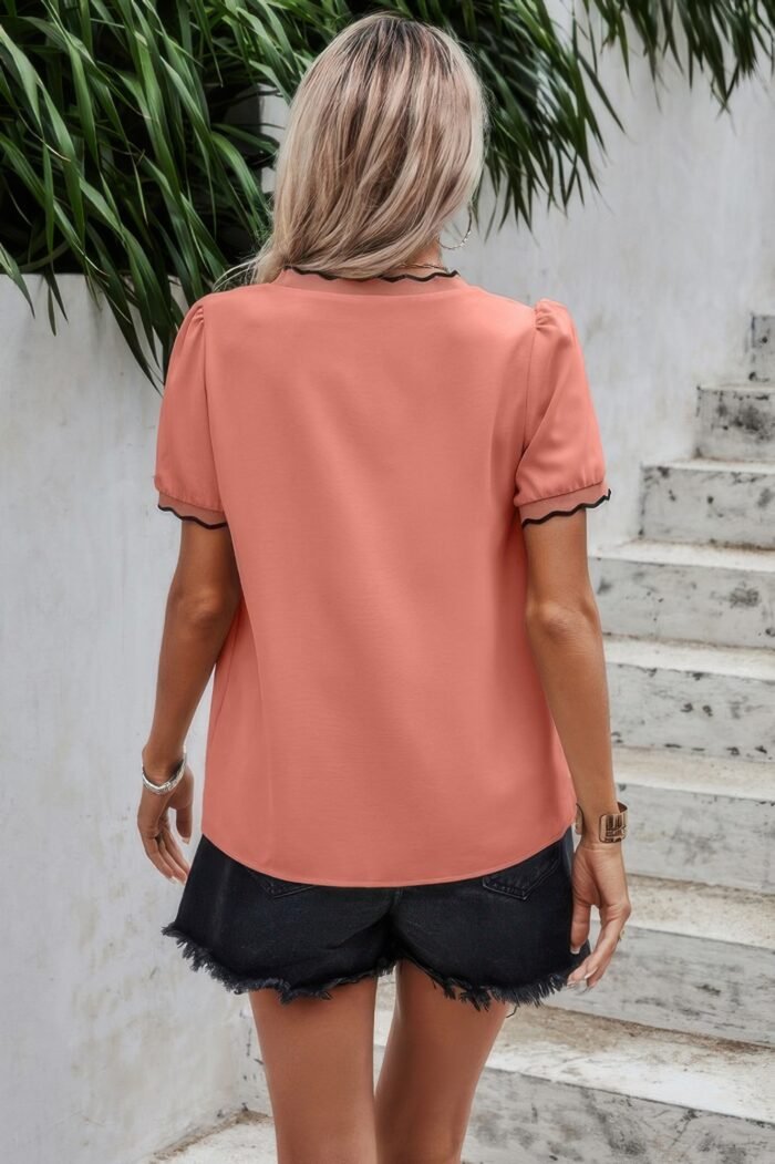 V neck contrast trim elegant short sleeve shirt - image 7