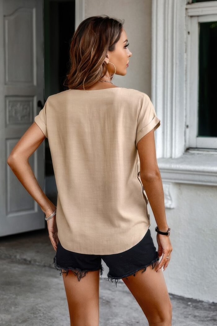 Scoop neck button side loose batwing sleeve blouse - image 5
