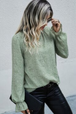 Allover Ruffle Shirred Neck Flounce Sleeve Blouse