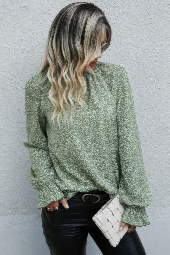 Allover ruffle shirred neck flounce sleeve blouse - image 3